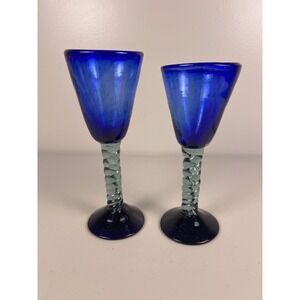 Hand Blown Cobalt Blue Art Glass Wine Goblets Twisted Stem Seeded Glass Set of 2